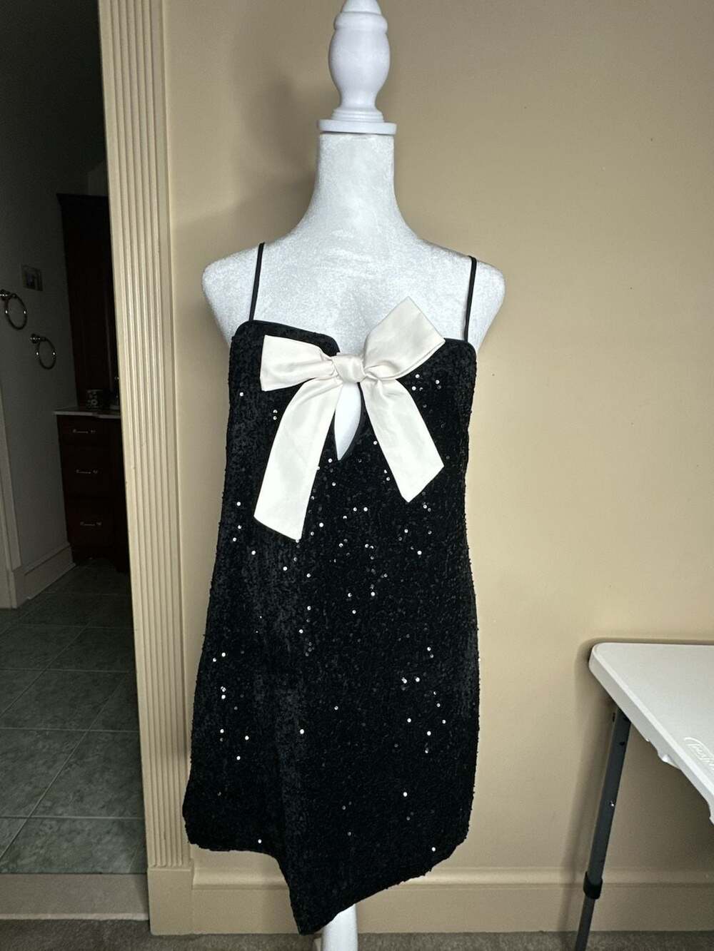 H&M Divided Sequin Mini Dress Size S Black Bow-Detail